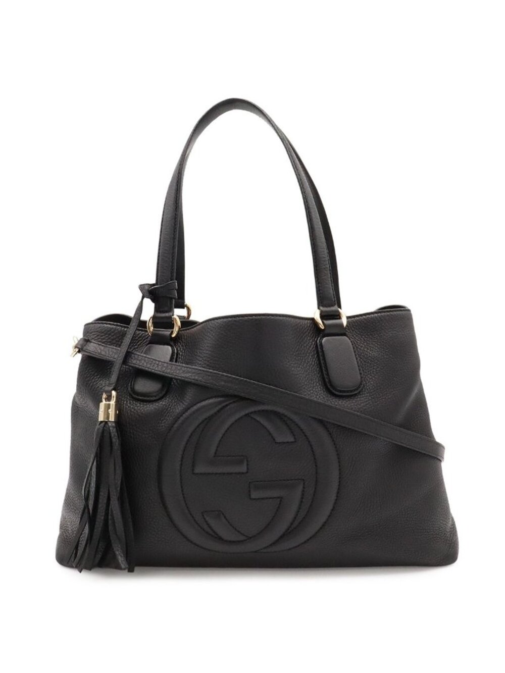 Gucci Soho Tote 2-Way Shoulder Bag Tassel Fringe Leather Black Gold